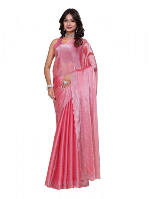 Women's Jimmy choo Embellished Bollywood Saree With Unstitched Blouse 5.5Mtr (Pink)