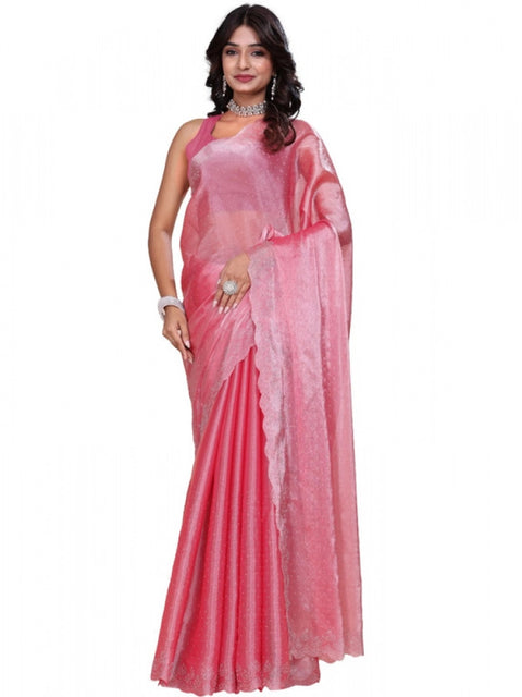 Women's Jimmy choo Embellished Bollywood Saree With Unstitched Blouse 5.5Mtr (Pink)