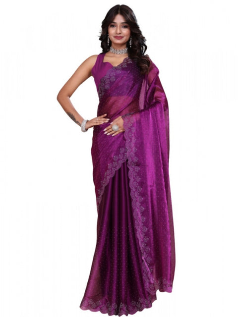 Women's Tissue Pure Silk Embellished Bollywood Saree With Unstitched Blouse 5.5Mtr (Purple)