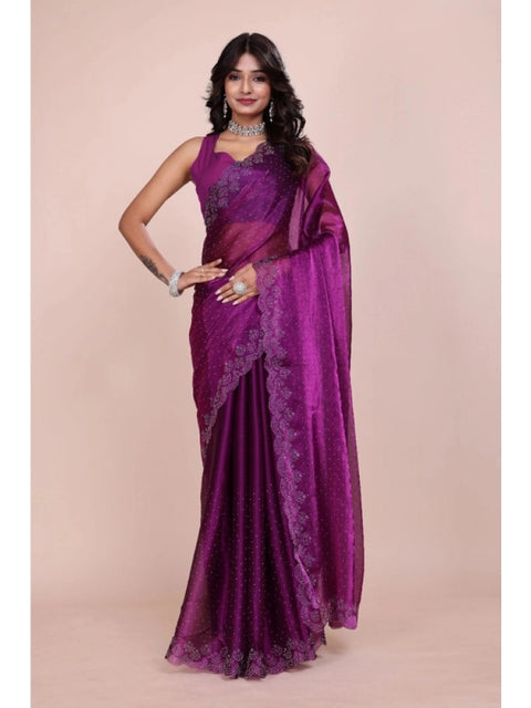 Women's Tissue Pure Silk Embellished Bollywood Saree With Unstitched Blouse 5.5Mtr (Purple)