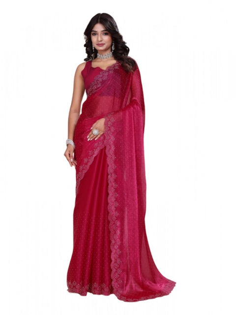 Women's Jimmy choo Embellished Bollywood Saree With Unstitched Blouse 5.5Mtr (Red)