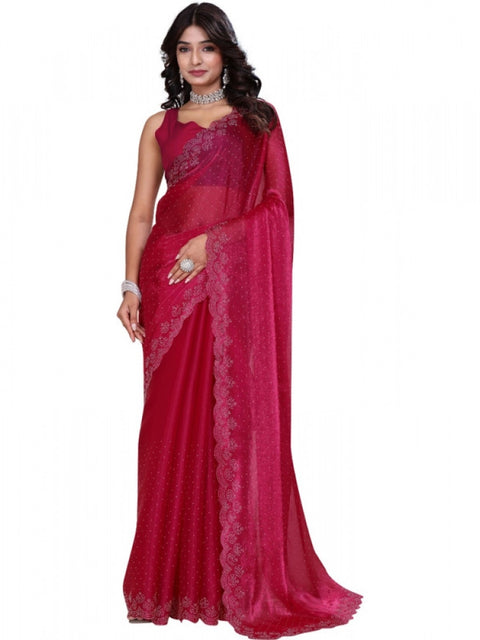 Women's Jimmy choo Embellished Bollywood Saree With Unstitched Blouse 5.5Mtr (Red)