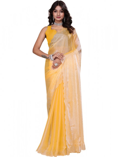 Women's Tissue Pure Silk Embellished Bollywood Saree With Unstitched Blouse 5.5Mtr (Yellow)