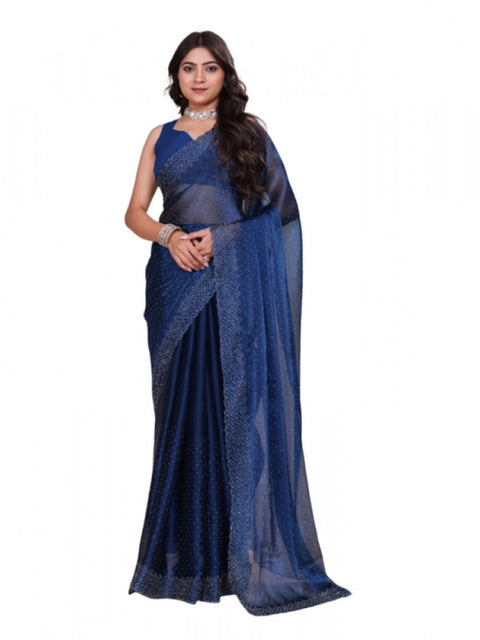 Women's Jimmy choo Embellished Bollywood Saree With Unstitched Blouse 5.5Mtr (Blue)
