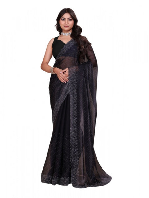 Women's Jimmy choo Embellished Bollywood Saree With Unstitched Blouse 5.5Mtr (Black)
