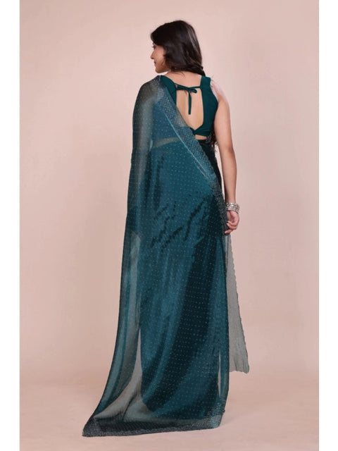 Women's Jimmy choo Embellished Bollywood Saree With Unstitched Blouse 5.5Mtr (Green)