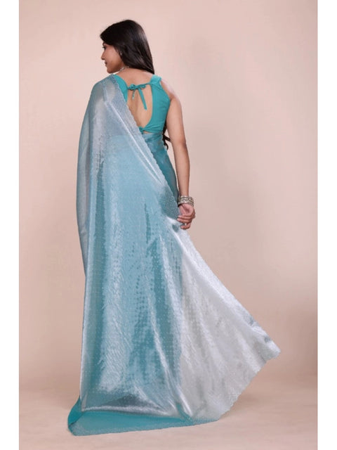 Women's Jimmy choo Embellished Bollywood Saree With Unstitched Blouse 5.5Mtr (Light Blue)