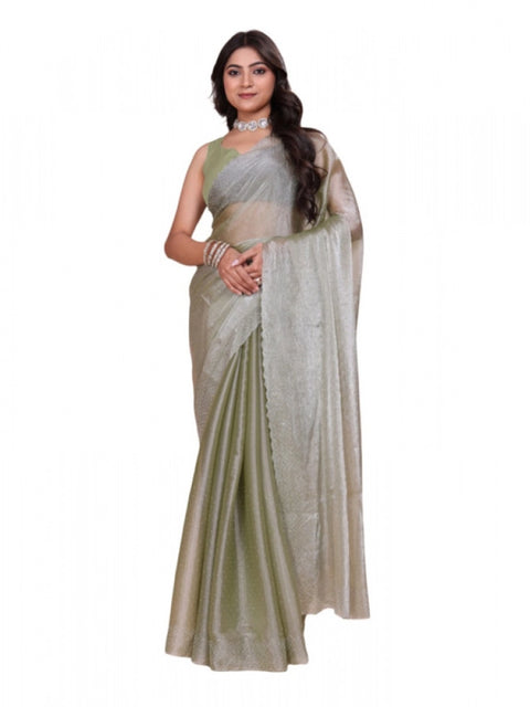 Women's Jimmy choo Embellished Bollywood Saree With Unstitched Blouse 5.5Mtr (Light Green)
