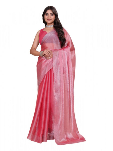 Women's Jimmy choo Embellished Bollywood Saree With Unstitched Blouse 5.5Mtr (Pink)