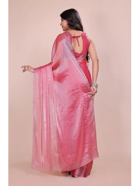Women's Jimmy choo Embellished Bollywood Saree With Unstitched Blouse 5.5Mtr (Pink)