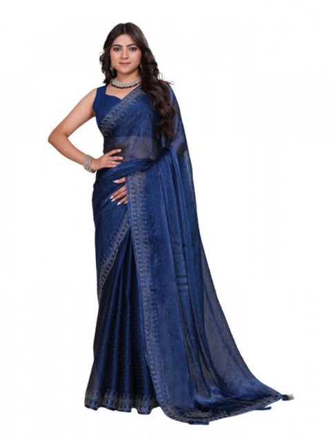 Women's Jimmy choo Embellished Bollywood Saree With Unstitched Blouse 5.5Mtr (Blue)