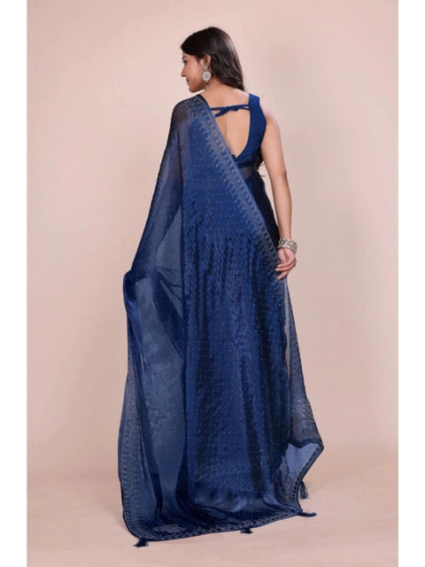 Women's Jimmy choo Embellished Bollywood Saree With Unstitched Blouse 5.5Mtr (Blue)