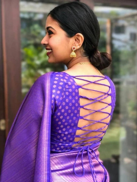 Women's Litchi silk Printed Saree With Unstitched Blouse (Purple)