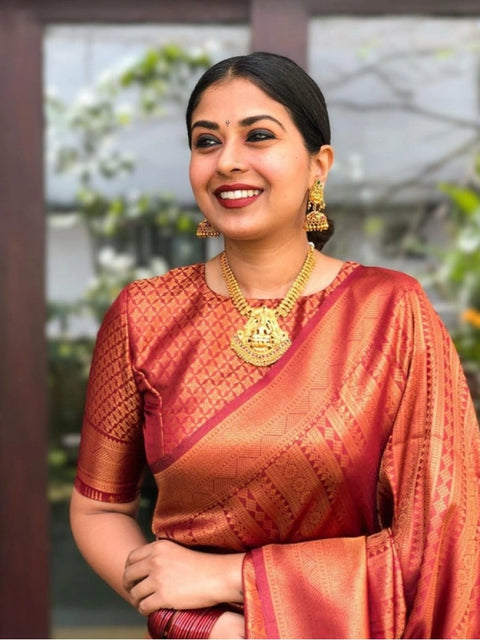 Women's Litchi silk Printed Saree With Unstitched Blouse (Red)
