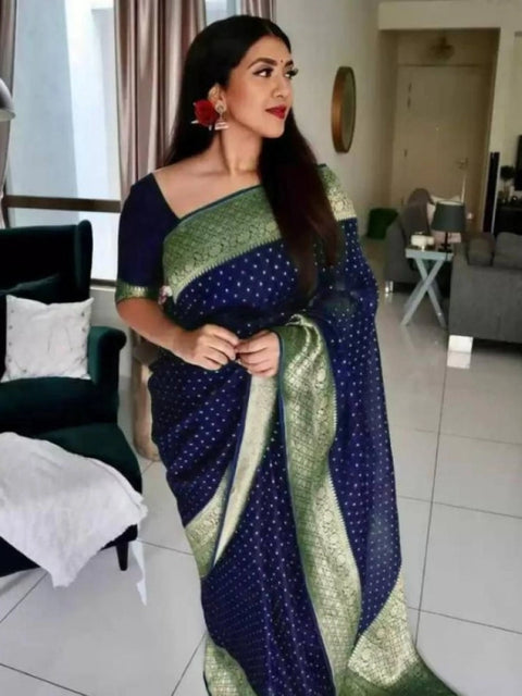 Women's Litchi silk Printed Saree With Unstitched Blouse (Blue)