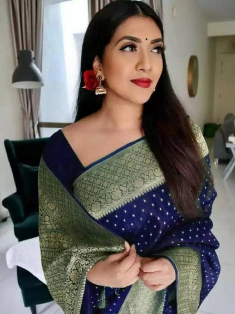 Women's Litchi silk Printed Saree With Unstitched Blouse (Blue)