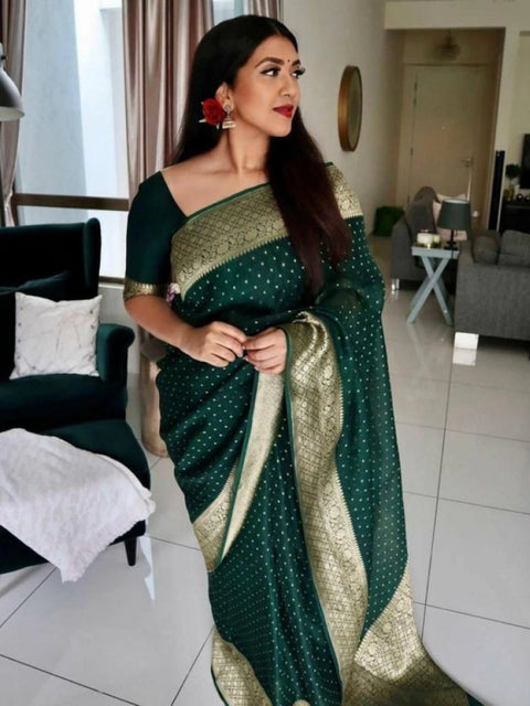 Women's Litchi silk Printed Saree With Unstitched Blouse (Green)
