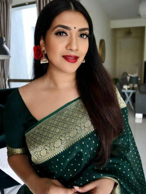 Women's Litchi silk Printed Saree With Unstitched Blouse (Green)