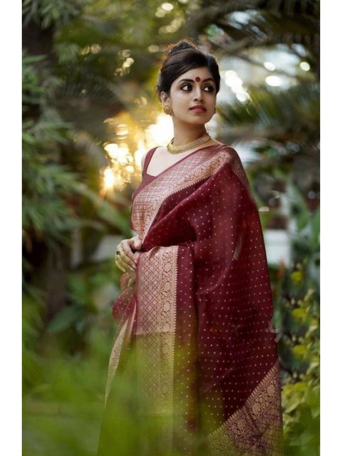 Women's Litchi silk Printed Saree With Unstitched Blouse (Maroon)