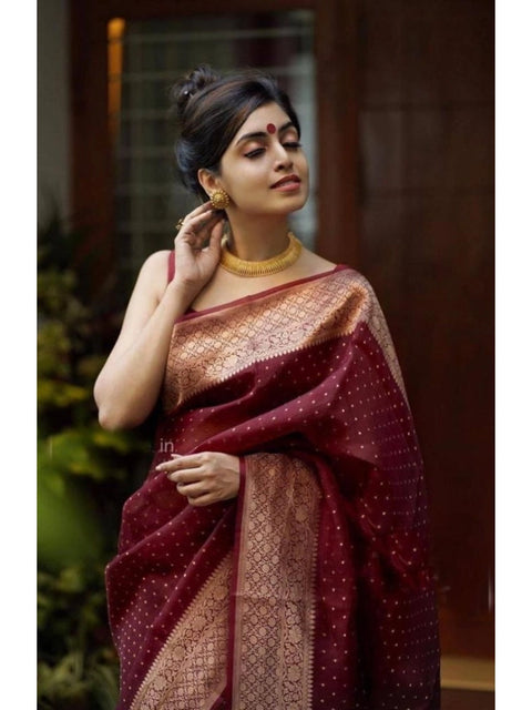 Women's Litchi silk Printed Saree With Unstitched Blouse (Maroon)