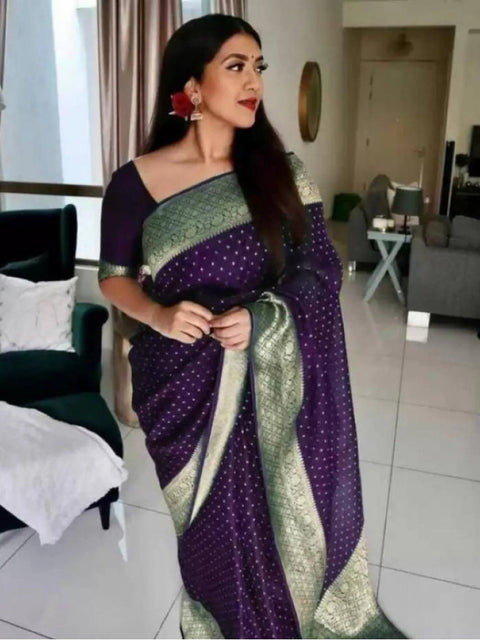 Women's Litchi silk Printed Saree With Unstitched Blouse (Purple)