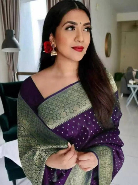 Women's Litchi silk Printed Saree With Unstitched Blouse (Purple)