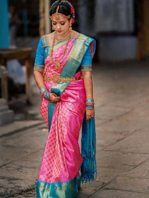Women's Litchi silk Printed Saree With Unstitched Blouse (Pink)