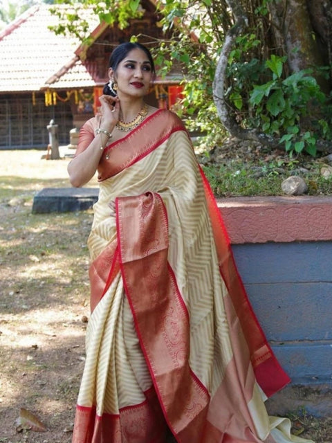 Women's Litchi silk Printed Saree With Unstitched Blouse (Beige)