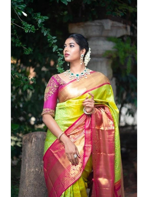 Women's Litchi silk Printed Saree With Unstitched Blouse (Green)