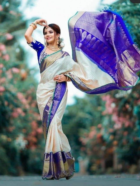 Women's Litchi silk Printed Saree With Unstitched Blouse (Off White)
