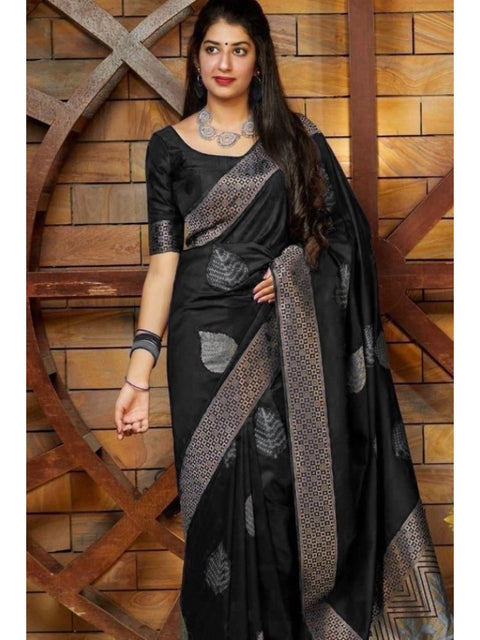 Women's Litchi silk Printed Saree With Unstitched Blouse (Black)
