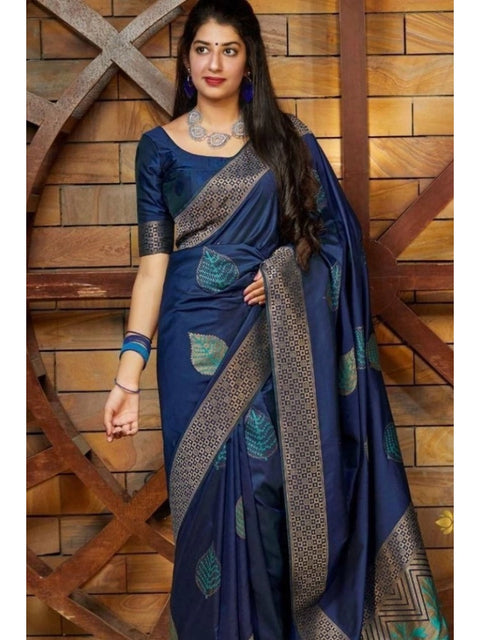 Women's Litchi silk Printed Saree With Unstitched Blouse (Blue)