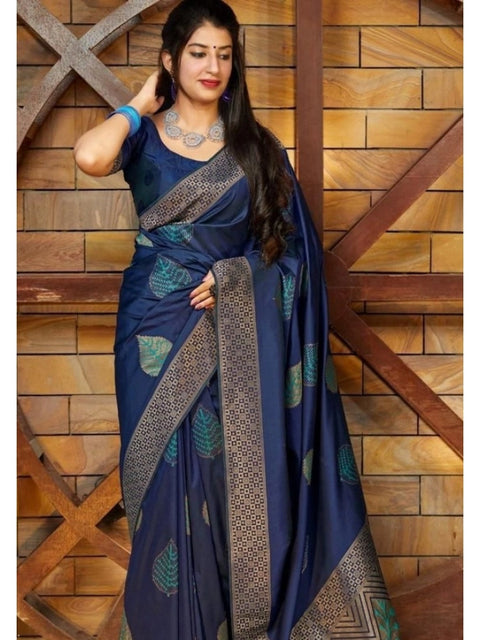 Women's Litchi silk Printed Saree With Unstitched Blouse (Blue)