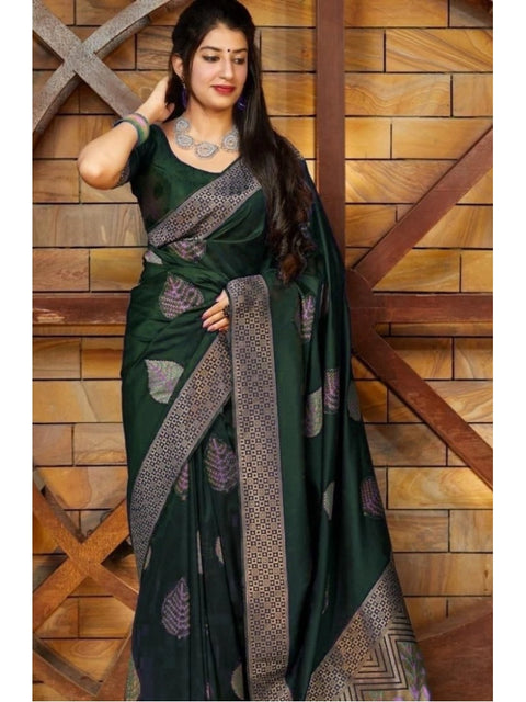 Women's Litchi silk Printed Saree With Unstitched Blouse (Green)