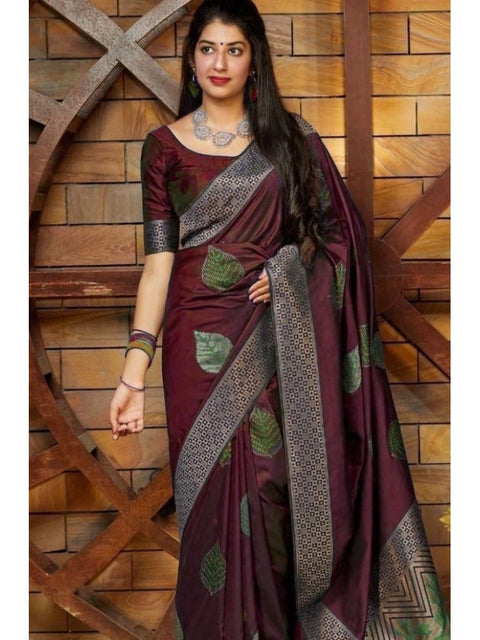 Women's Litchi silk Printed Saree With Unstitched Blouse (Maroon)