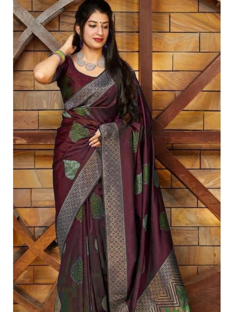 Women's Litchi silk Printed Saree With Unstitched Blouse (Maroon)
