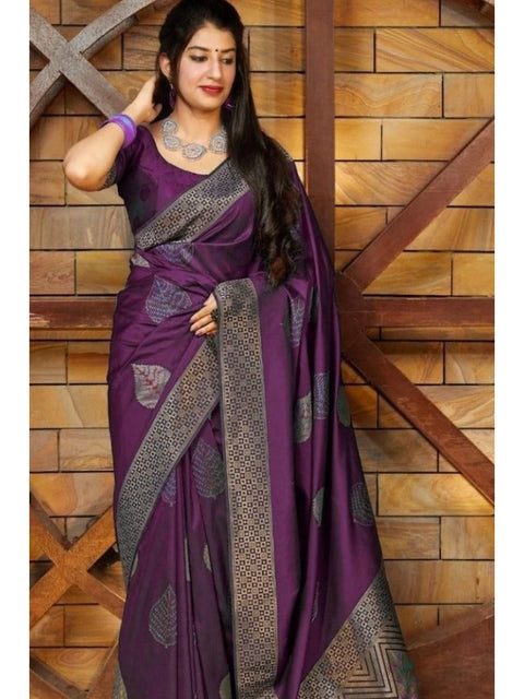 Women's Litchi silk Printed Saree With Unstitched Blouse (Purple)