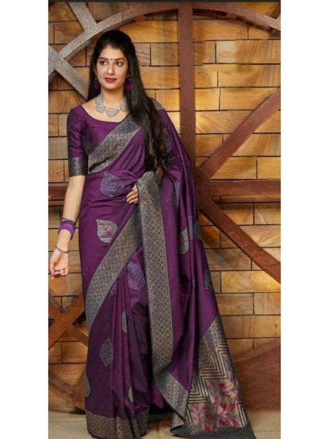 Women's Litchi silk Printed Saree With Unstitched Blouse (Purple)