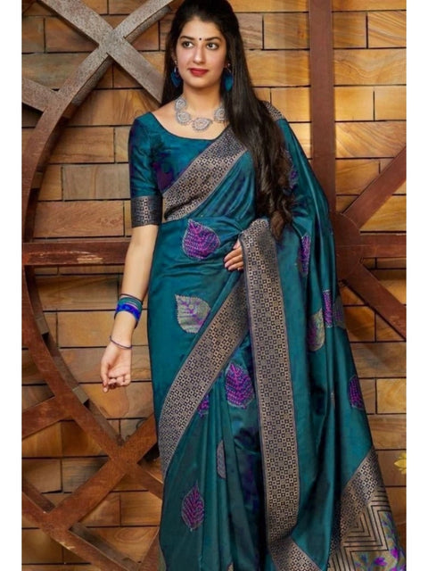 Women's Litchi silk Printed Saree With Unstitched Blouse (Rama Blue)