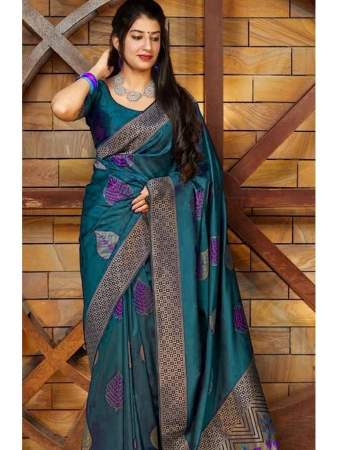 Women's Litchi silk Printed Saree With Unstitched Blouse (Rama Blue)