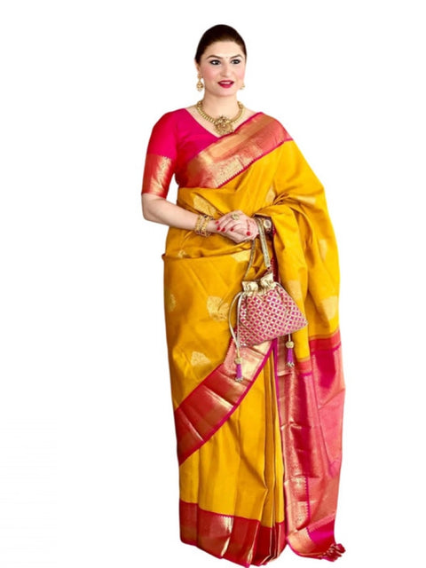 Women's Litchi silk Printed Saree With Unstitched Blouse (Yellow)