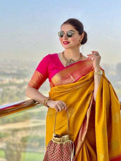 Women's Litchi silk Printed Saree With Unstitched Blouse (Yellow)