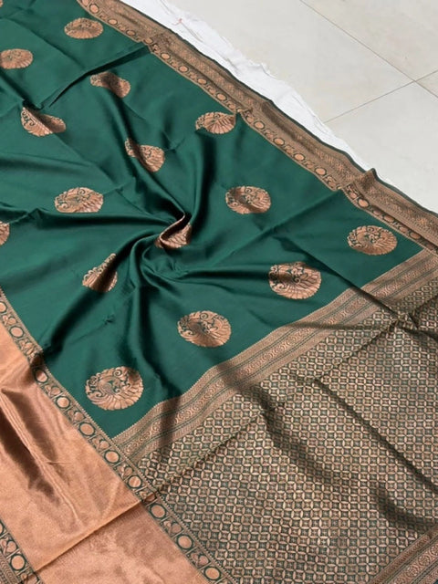 Women's Litchi silk Printed Saree With Unstitched Blouse (Green)