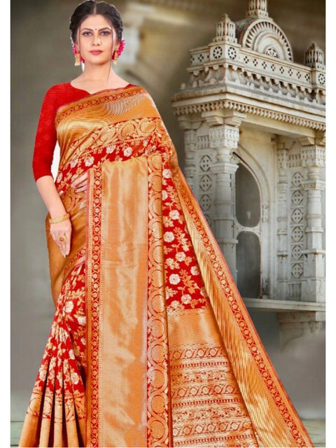 Women's Litchi silk Printed Saree With Unstitched Blouse (Red)