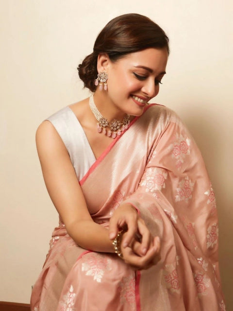 Women's Litchi silk Printed Saree With Unstitched Blouse (Peach)