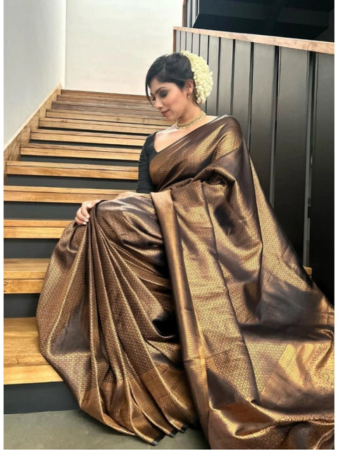Women's Litchi silk Printed Saree With Unstitched Blouse (Gold)