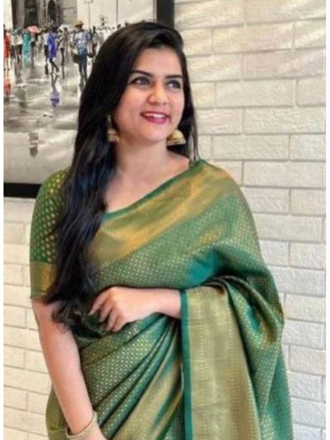 Women's Litchi silk Printed Saree With Unstitched Blouse (Green)