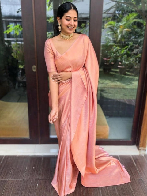 Women's Litchi silk Printed Saree With Unstitched Blouse (Peach)