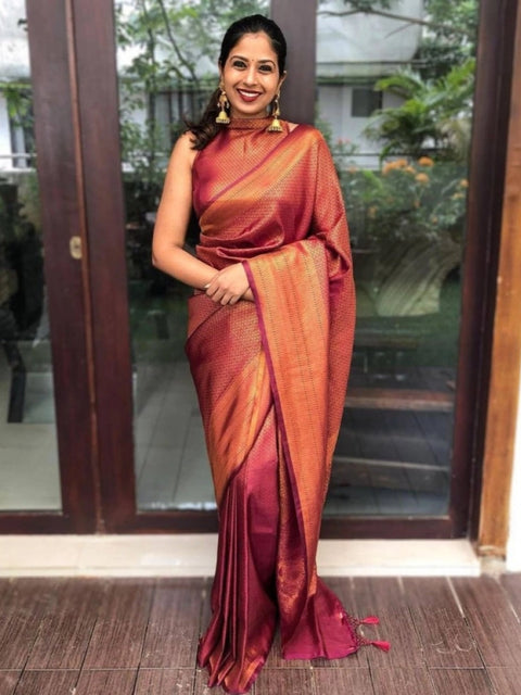 Women's Litchi silk Printed Saree With Unstitched Blouse (Red)