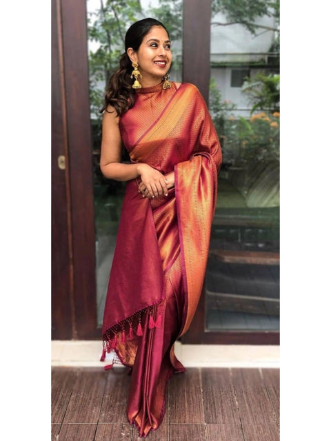 Women's Litchi silk Printed Saree With Unstitched Blouse (Red)